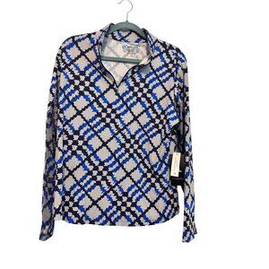 IBKÜL Womens XL Long Sleeve Zip Mock Neck Shirt With Blue & White Plaid Print UP